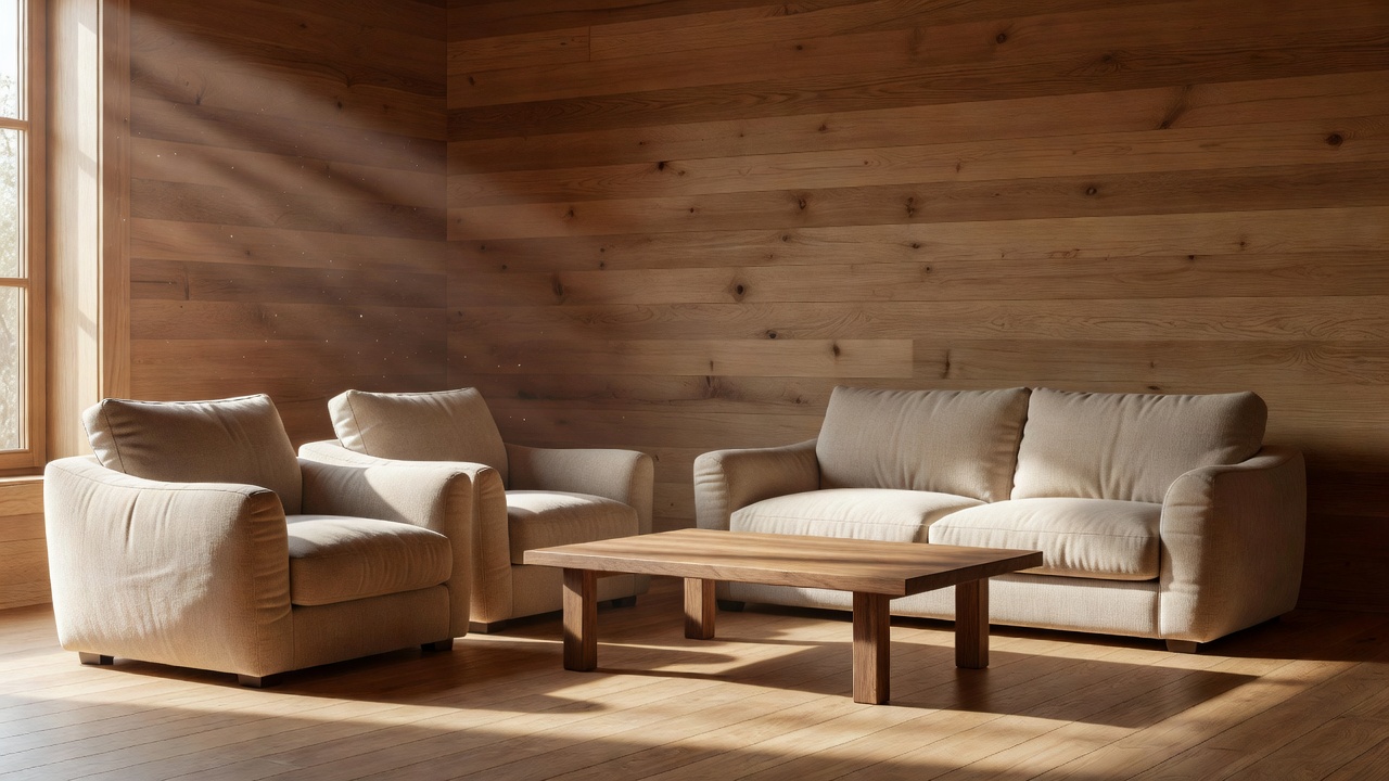 Natural daylight falling across a warm timber living space with upholstered seats and a low table